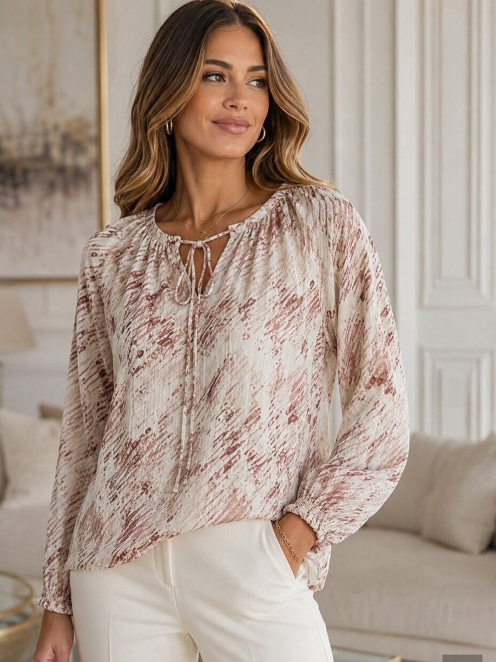 White House Black Market Neutral Burnout Brushstroke Silk Blend Blouse Size 12